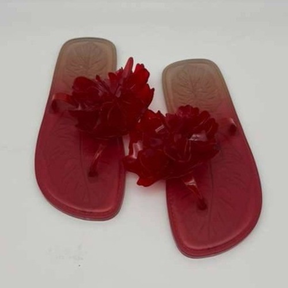 Farm Rio Red Flower Jelly Flat Sandals - 3D Floral Appliqué‎ - Size 6/7 - NIB
